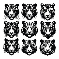 Set of tiger head silhouettes isolated on a white background, Vector illustration.