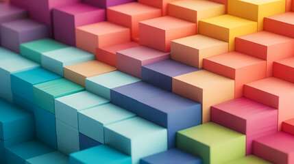 Fototapeta na wymiar Spectrum of stacked multi-colored wooden blocks. Background or cover for something creative, diverse, expanding, rising or growing. Shallow depth of field，abstract art background