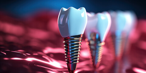 A close-up of a modern tooth implant in a patient's mouth, showcasing the seamless blend of dental innovation and natural appearance - obrazy, fototapety, plakaty