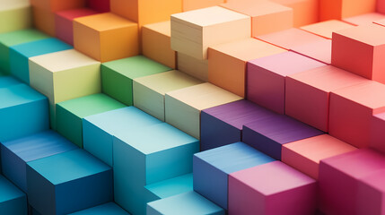 Fototapeta na wymiar Spectrum of stacked multi-colored wooden blocks. Background or cover for something creative, diverse, expanding, rising or growing. Shallow depth of field，abstract art background