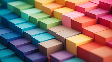 Spectrum of stacked multi-colored wooden blocks. Background or cover for something creative, diverse, expanding, rising or growing. Shallow depth of field，abstract art background