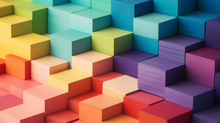 Fototapeta premium Spectrum of stacked multi-colored wooden blocks. Background or cover for something creative, diverse, expanding, rising or growing. Shallow depth of field，abstract art background