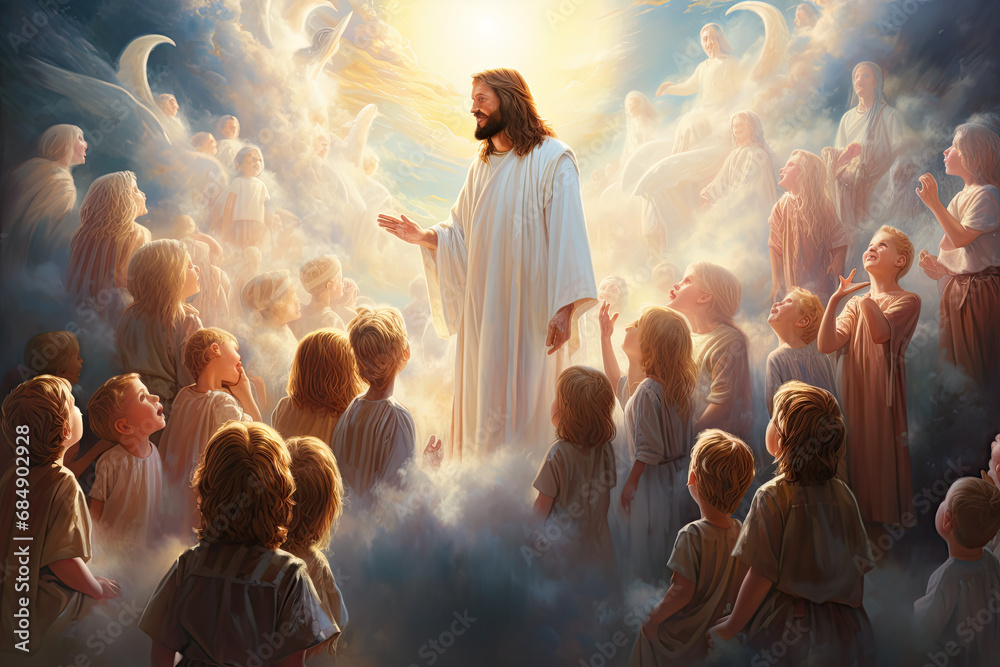 Wall mural jesus christ and children in heaven light