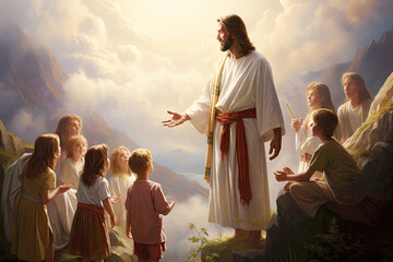 Jesus Christ and children in heaven light - obrazy, fototapety, plakaty