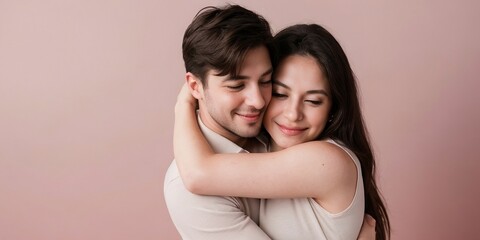 Cute lover couple hugging each other, isolated on a pink background with copy space