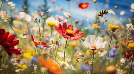 A captivating close-up shot of a field of wildflowers in full bloom, with their petals swaying in the breeze and bees buzzing among them, creating a scene of natural abundance and pollination.