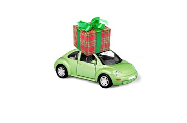 Retro toy car with gift box with bow