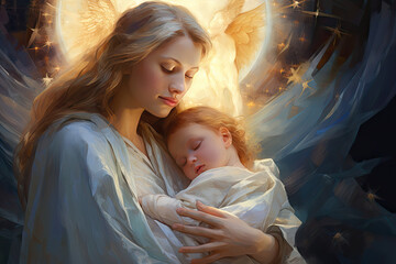 Mary and baby Jesus in heaven light