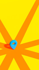 A blue location icon on orange roads pointing to the center, routes and gps theme, 3d illustration