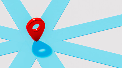 Red location icon in the center of blue crossroads, theme of using gps and possibilities of routes