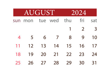 AUGUST 2024 calendar monthly planner start sunday template vector.