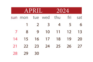 APRIL 2024 calendar monthly planner start sunday template vector.