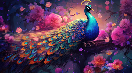 the colorful peacock standing in the forest