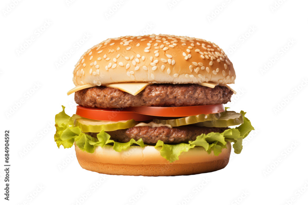 Wall mural Closeup of a delicious beef burger on a white transparent background