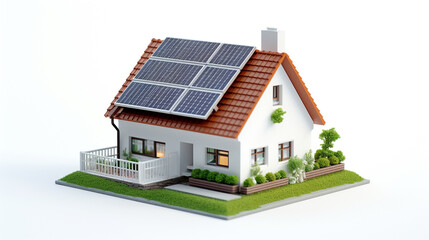 miniature house model with solar panel on roof on white background. smart home energy saving concept
