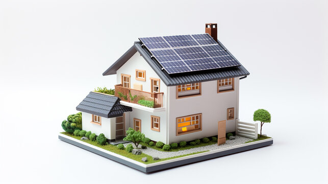 miniature house model with solar panel on roof on white background. smart home energy saving concept
