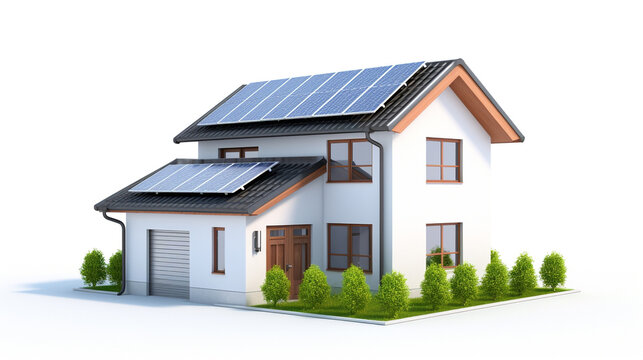 miniature house model with solar panel on roof on white background. smart home energy saving concept
