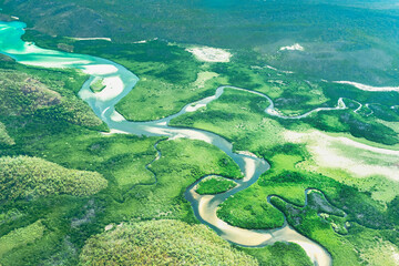 Aerial view of part of the Hill Inlet in Whitsunday Island near Great Barrier Reef, The reef is...