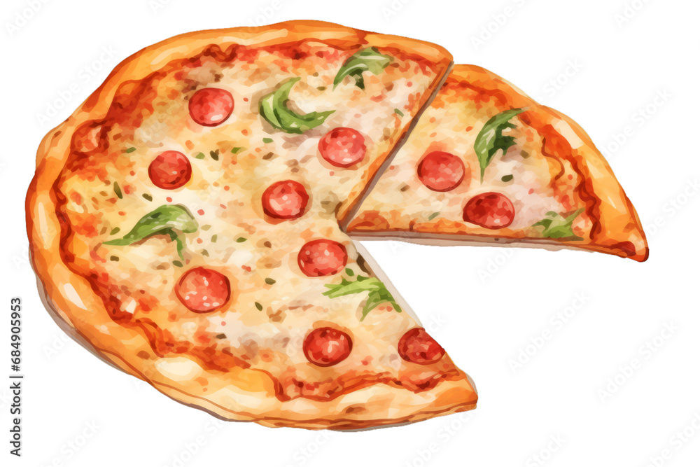 Wall mural Watercolor style hand painted delicious pizza on white transparent background