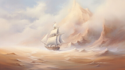 ship with sails in the desert on sandy waves oil paint painting. - obrazy, fototapety, plakaty
