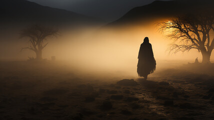 silhouette of an ancient dark traveler in the desert at sunset biblical story.