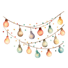 Watercolor style hand painted Christmas lights on white transparent background