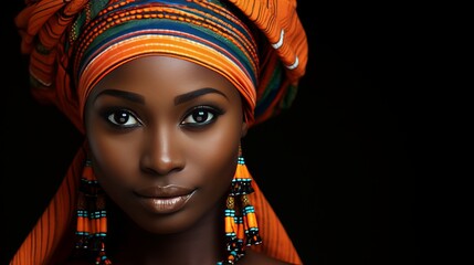 Stunning African American Fashion Model on Black Background with Copy Space. Beauty and Fashion Concept
