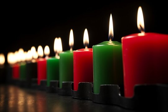 Kwanzaa background banner with candles decorated with traditional African colors, festive colorful texture for African American festive celebration