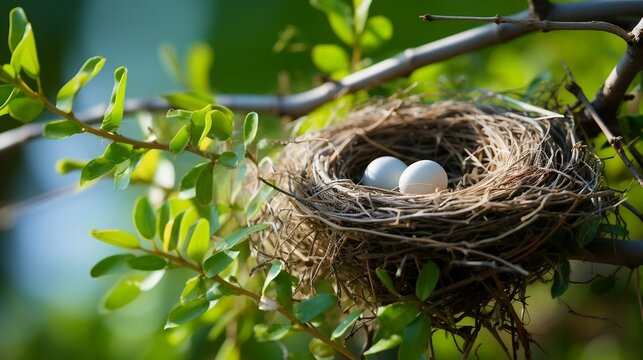 A bird's nest nestled in the crook of branches
