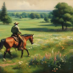 Fotobehang man riding a horse in the meadow © Vng