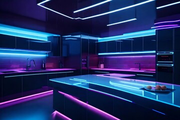 A sleek and futuristic kitchen with reflective surfaces, LED lighting, and smart appliances