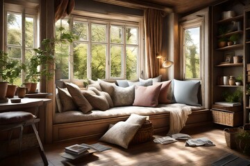 A cozy corner with a window seat, fluffy cushions, and a view of the garden
