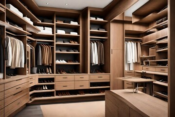 A modern and spacious walk-in closet with organized shelves and a full-length mirror