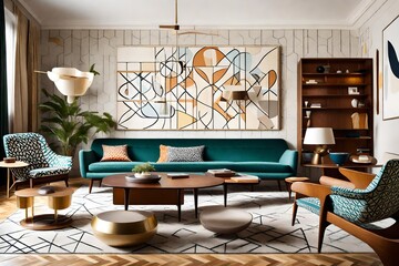 A mid-century modern living room with iconic furniture pieces and geometric patterns