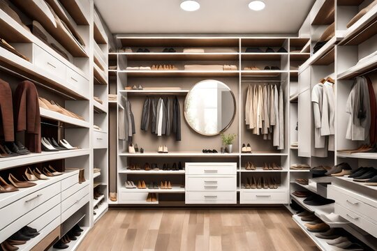 A Modern And Spacious Walk-in Closet With Organized Shelves And A Full-length Mirror