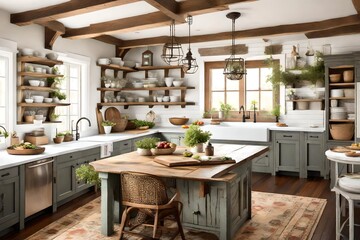 A farmhouse-style kitchen with  wooden beams, a farmhouse sink, and vintage decor