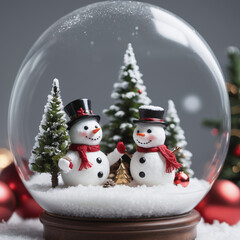 Christmas terrarium with cute snowman and pine trees in winter. Winter christmas celebration decorations elements