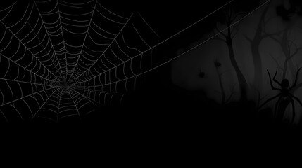 Real creepy spider webs silhouette isolated on black banner panorama - Halloween background template,PPT background
