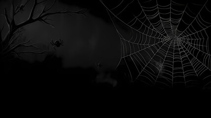 Real creepy spider webs silhouette isolated on black banner panorama - Halloween background template,PPT background
