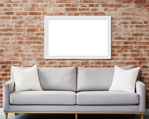 Blank picture frame mockup in modern living room interior.