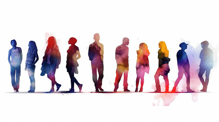 Fototapeta premium multicolored spectrum silhouettes of people on a white background watercolor.