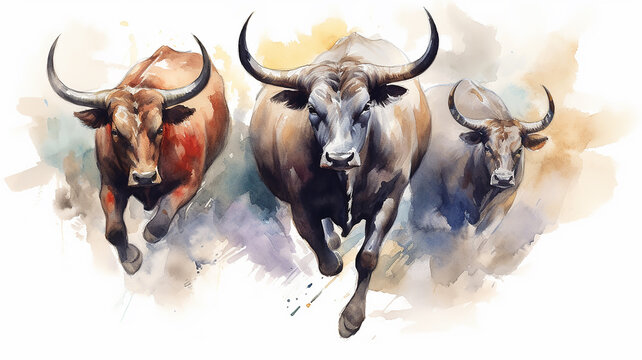 watercolor drawing of a group of bulls running on a white background.