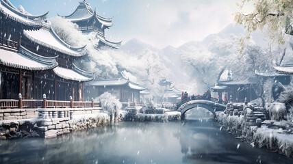 Winter landscape ancient chinese city embankment, chinese new year.