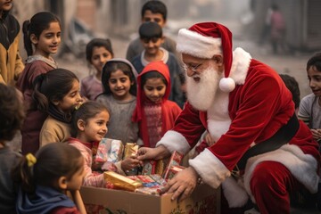 Fototapeta na wymiar Santa Claus giving christmas gift to children in the city with comeliness