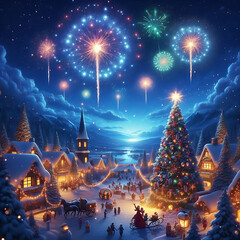 Christmas night scene with fireworks