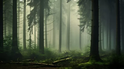 Tableaux ronds sur aluminium Matin avec brouillard Mystical fog enshrouding a forest