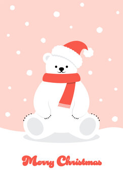 Christmas vector background with a polar bear with santa hat in snow for banners, cards, flyers, social media wallpapers, etc.