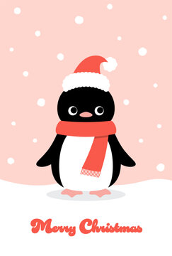 Christmas vector background with a penguin with santa hat in snow for banners, cards, flyers, social media wallpapers, etc.