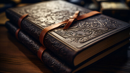 Bible ornate highly detailed vintage or ancient book. Brown leather book cover, Close-up of Christian man's hands while reading the Bible outside.Sunday readings, Bible education. spirituality and re
