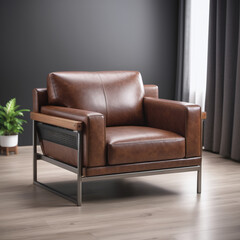 A brown leather office comfy, relaxing chair is pictured in a bright background clean white. This image can be used to reference comfortable leather wooden chair.